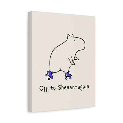 Capy Life canvas wall art featuring a minimalist doodle of a capybara on roller skates on a warm tan background.