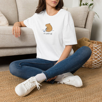Capy Life white softstyle t-shirt featuring a minimalist Gene the Capybara graphic with the text i'll catch up.