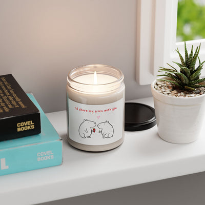 Capy Life soy wax candle in a glass jar with a cute capybara illustration and I'd share my fries with you text.