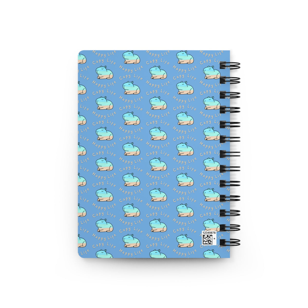 Capy Life spiral notebook featuring a repeating coastal capybara pattern on a calming blue background.