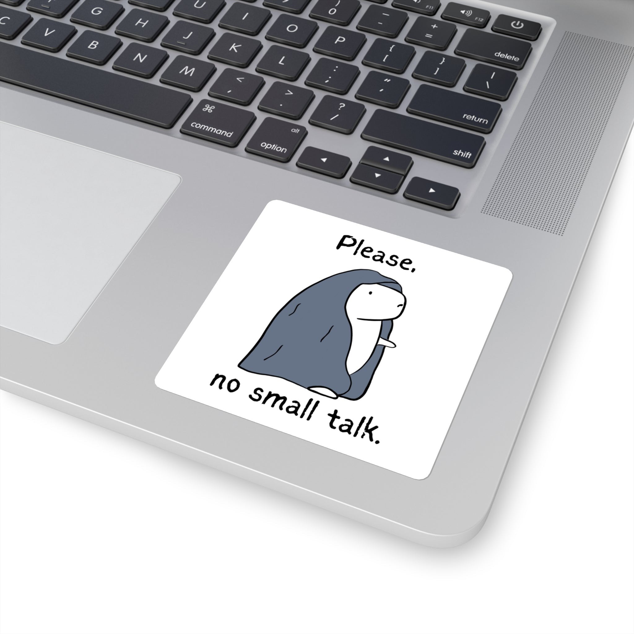 Capy Life vinyl sticker featuring a capybara wrapped in a blue blanket with the text Please, no small talk on a laptop
