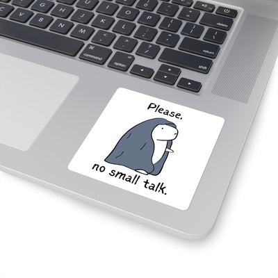Capy Life vinyl sticker featuring a capybara wrapped in a blue blanket with the text Please, no small talk on a laptop