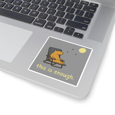Capy Life sticker featuring a capybara relaxing in a lawn chair under the moon with the text this is enough