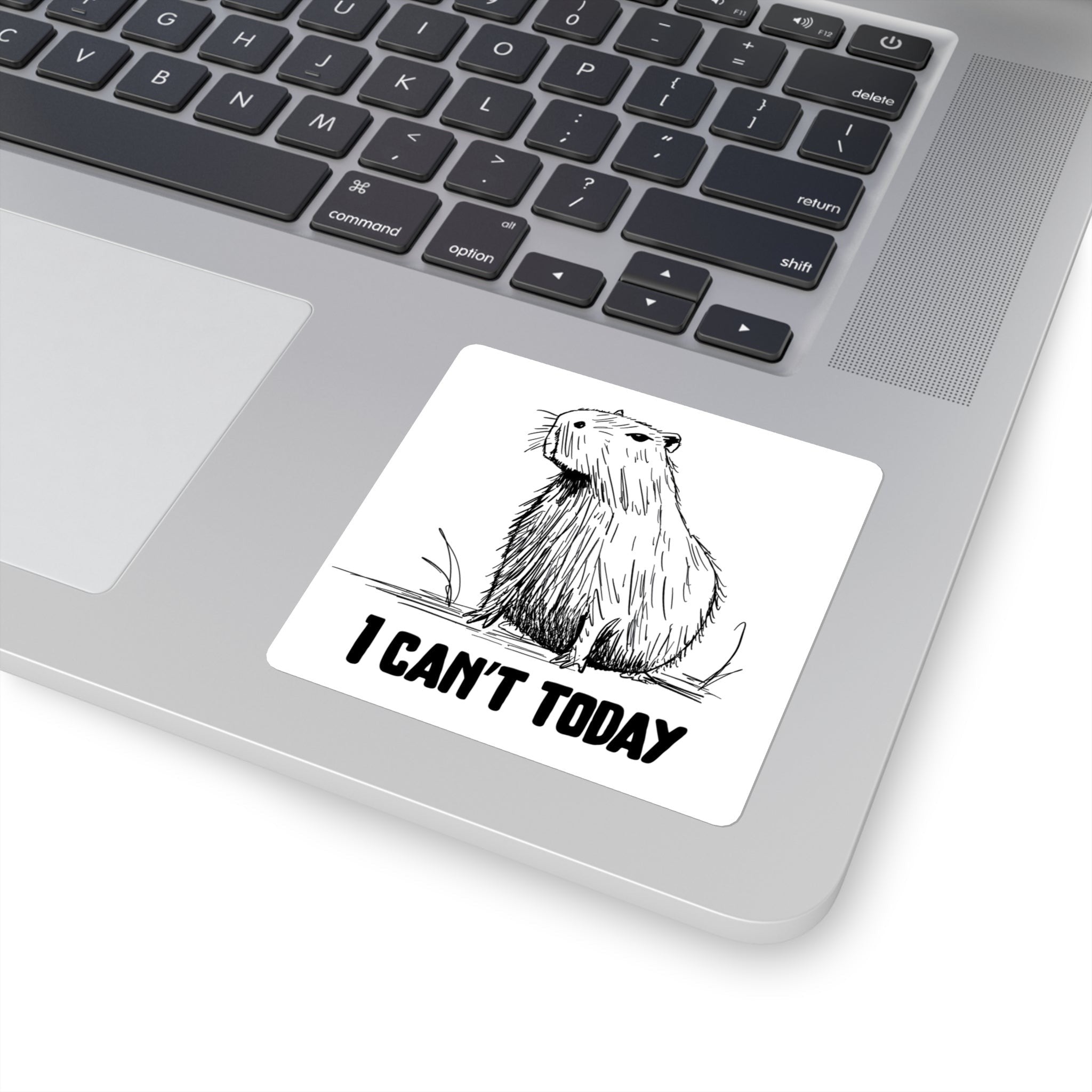 Capy Life vinyl sticker with a funny capybara illustration and the text I CAN'T TODAY on a silver laptop.