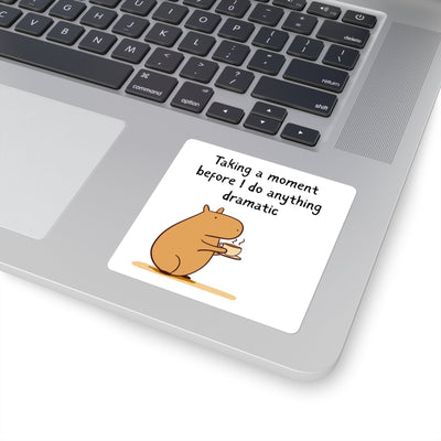 Capy Life vinyl sticker featuring a cute capybara holding a cup on a laptop with the text Taking a moment