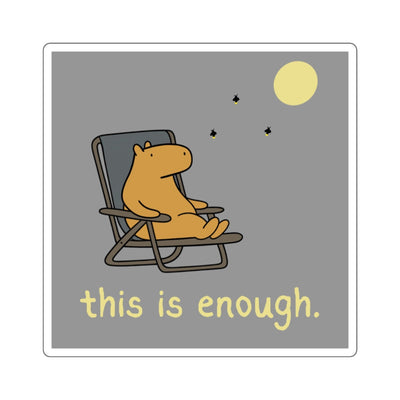 Capy Life square sticker featuring a capybara relaxing in a lawn chair under the moon and fireflies with text.