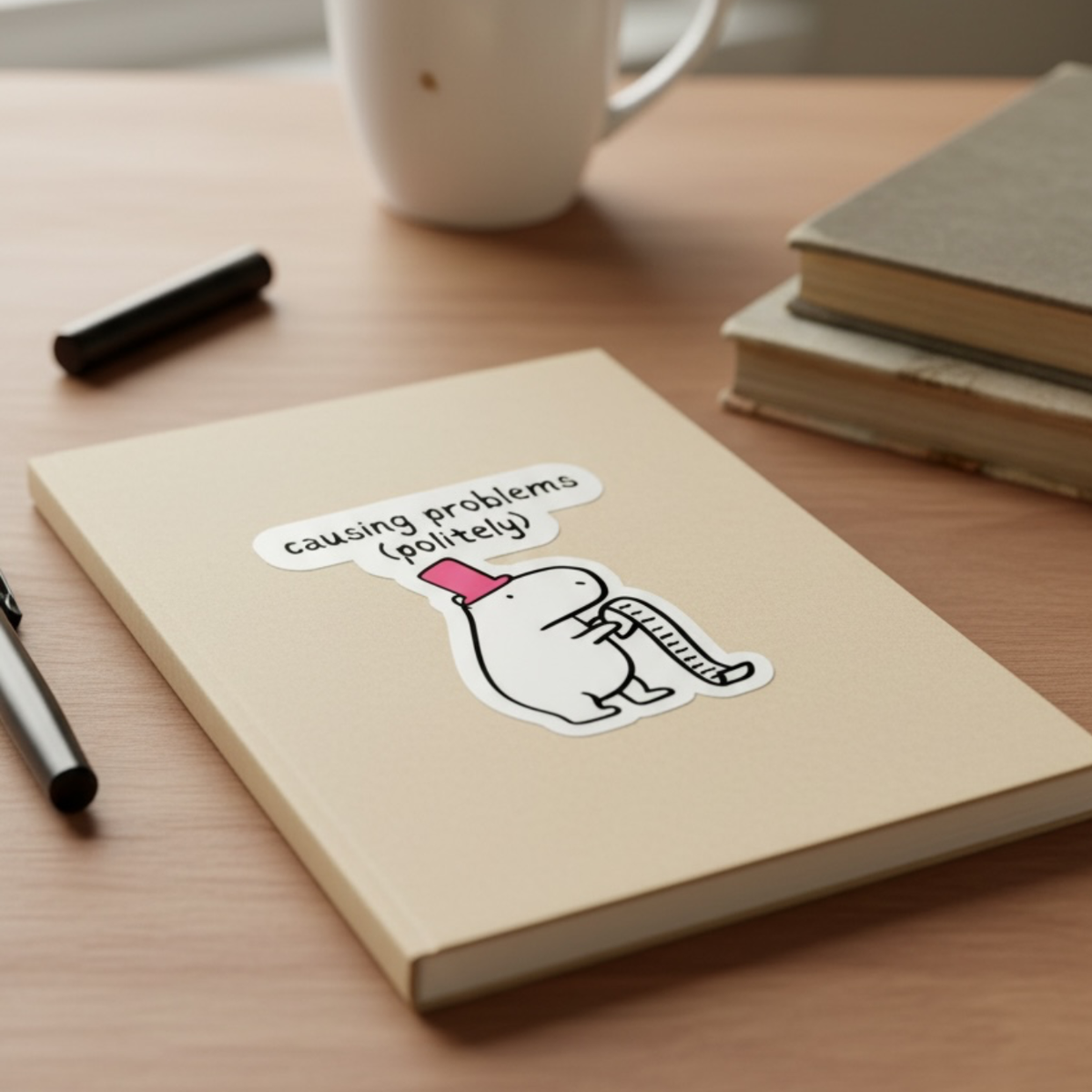 Capy Life die cut vinyl sticker of a capybara in a pink top hat holding a long list on a beige notebook