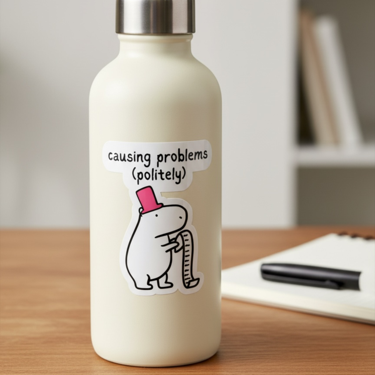 Capy Life vinyl sticker on a water bottle featuring a capybara in a pink top hat holding a long list of problems.