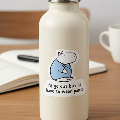 Capy Life die cut sticker on a water bottle featuring a capybara in a blue shirt with the text I’d go out but I’d have to wear pants.