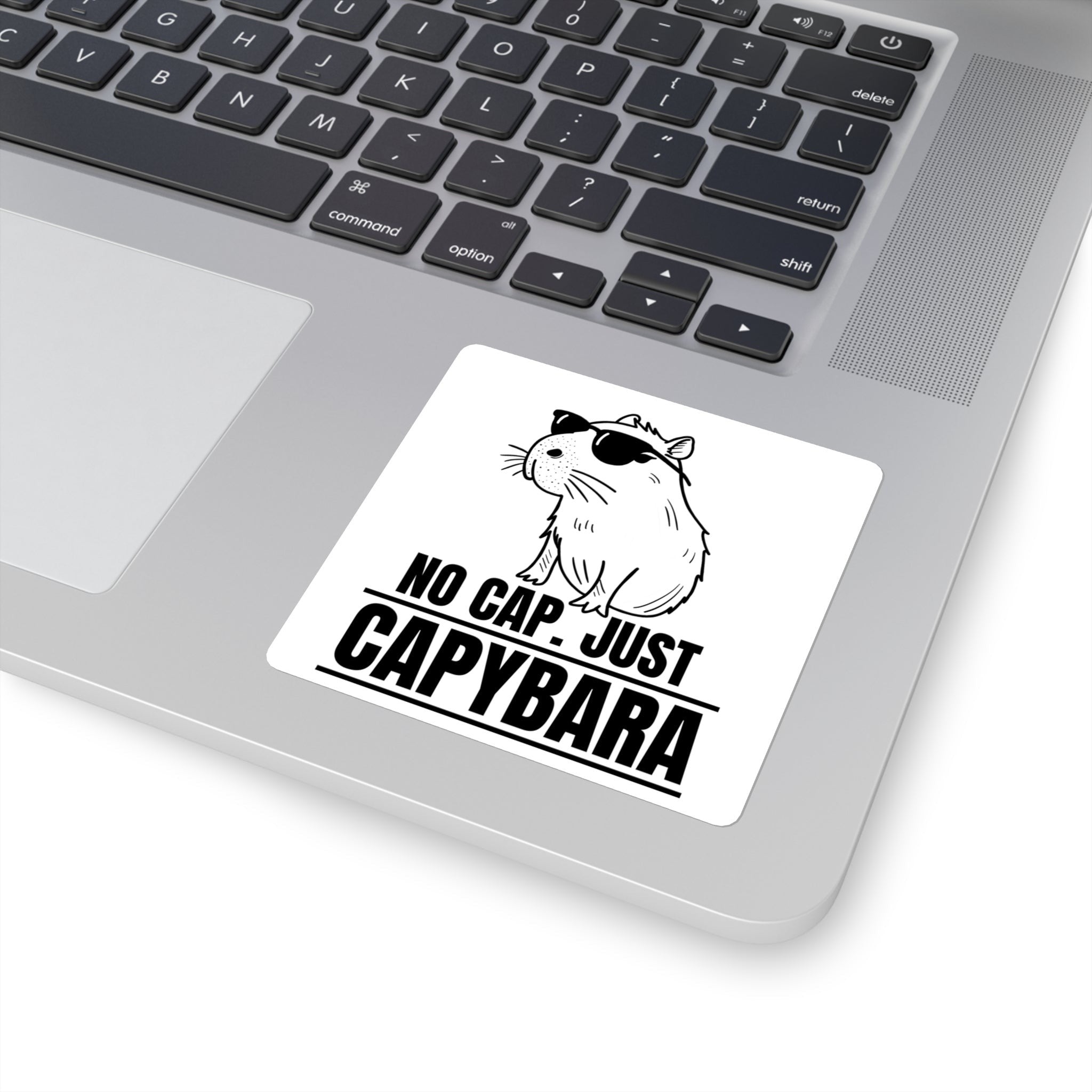 Capy Life square sticker featuring a hand-drawn capybara wearing sunglasses with the text No Cap. Just Capybara.