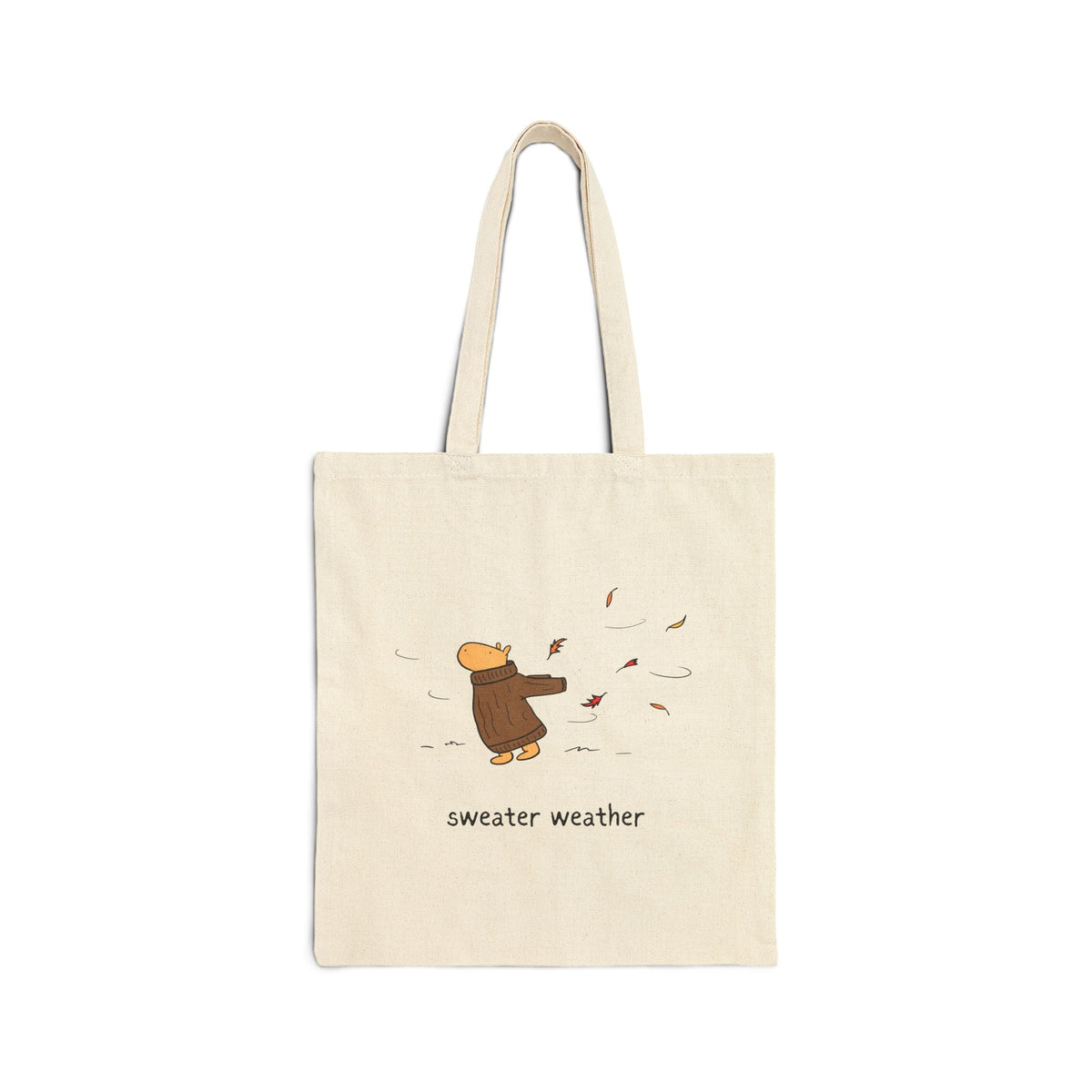 Capy Life natural canvas tote bag featuring a capybara in a brown sweater with autumn leaves and sweater weather text