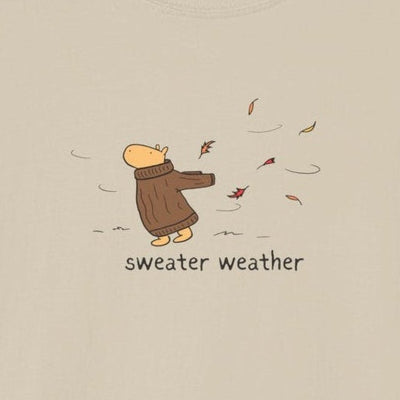 Capy Life t-shirt featuring a hand-drawn capybara in a brown sweater with autumn leaves and sweater weather text