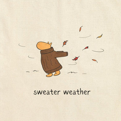 Capy Life tote bag featuring a capybara in a brown sweater with autumn leaves and sweater weather text on canvas