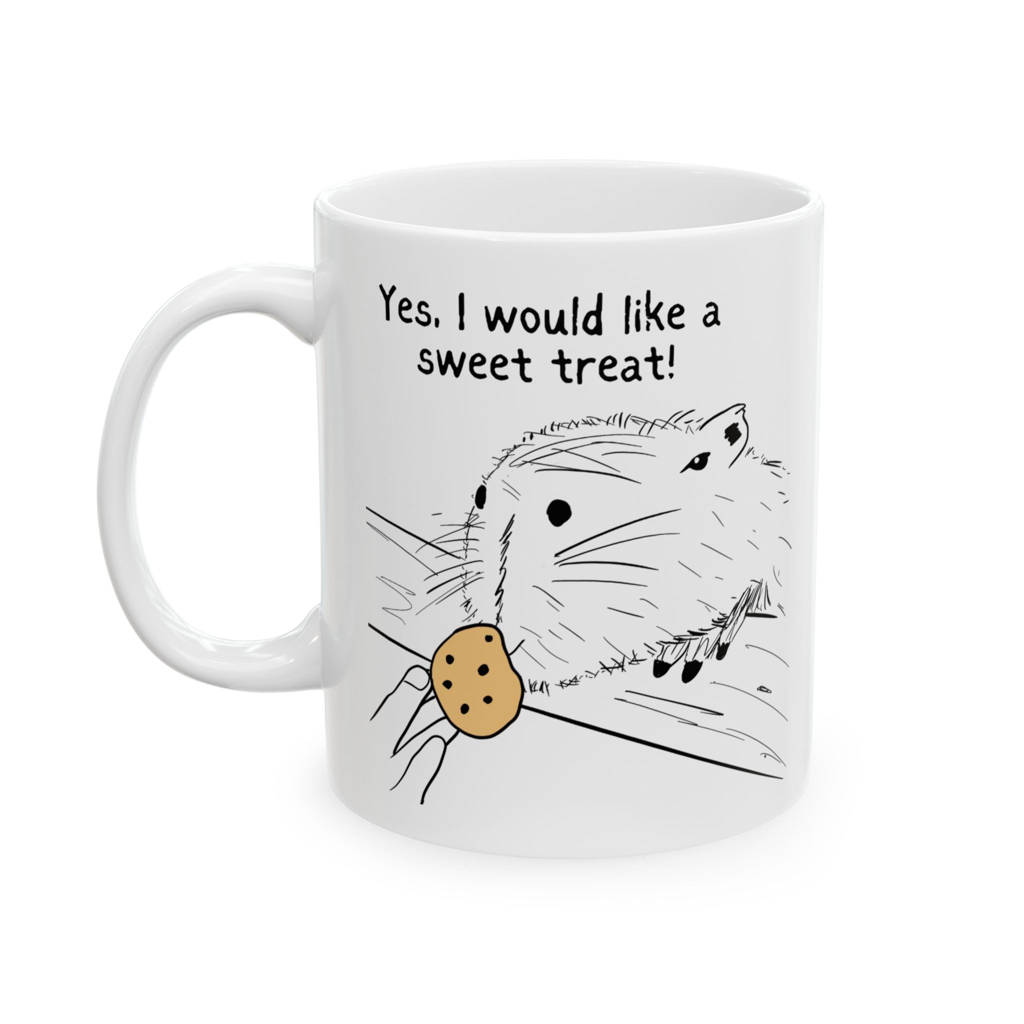 Capy Life white ceramic mug featuring a hand-drawn capybara illustration and the text Yes, I would like a sweet treat
