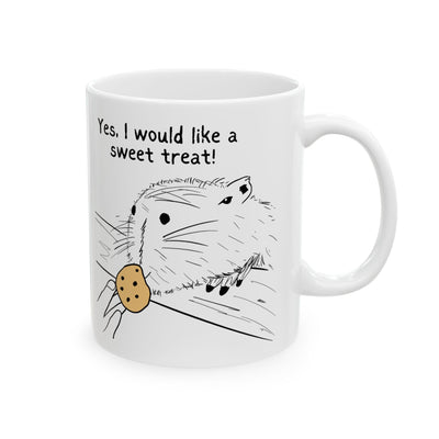 Capy Life white ceramic mug with a hand-drawn capybara illustration and the text Yes, I would like a sweet treat!