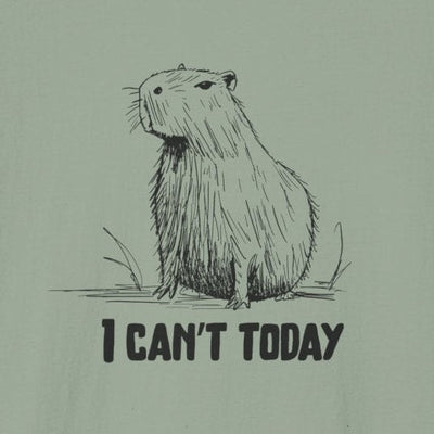 Capy Life sage green softstyle t-shirt featuring a hand-drawn sketch of a capybara and the text I Can't Today