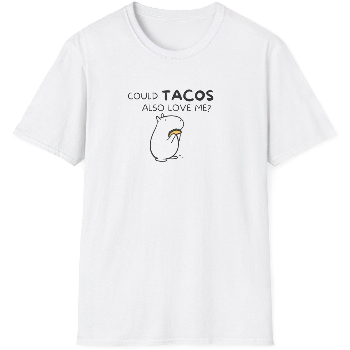 Capy Life white crewneck t-shirt featuring a minimalist black line art graphic of a capybara holding a taco.
