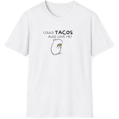 Capy Life white crewneck t-shirt featuring a minimalist black line art graphic of a capybara holding a taco.