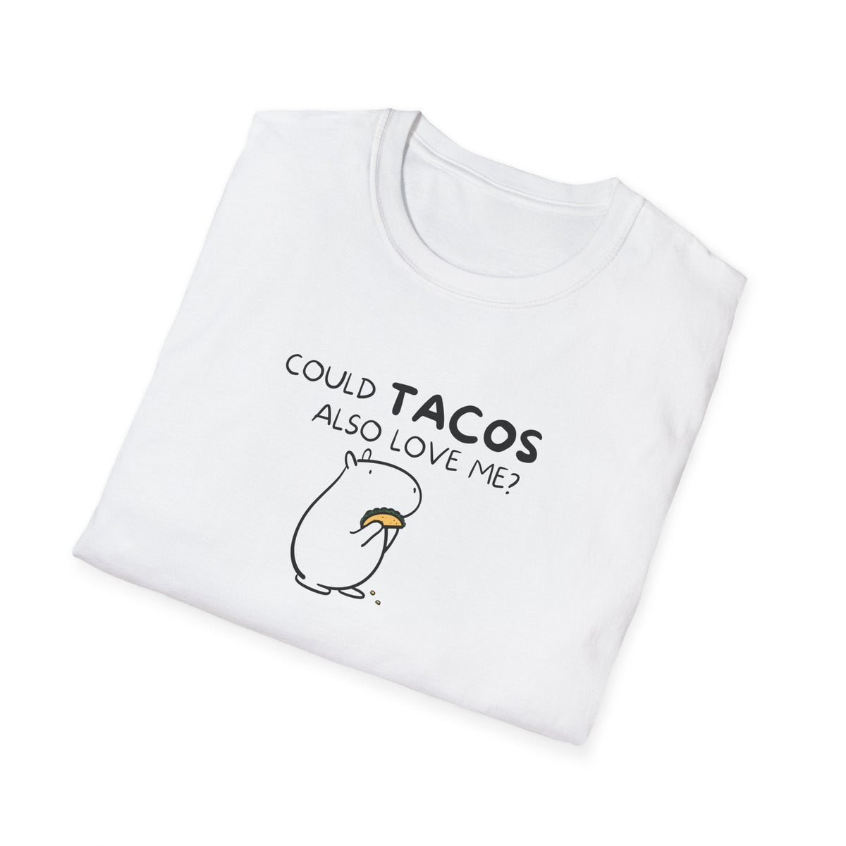 Capy Life white softstyle crewneck t-shirt featuring a minimalist black line drawing of a capybara holding a taco.
