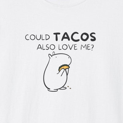 Capy Life white crewneck t-shirt featuring a minimalist black line drawing of a capybara holding a taco.