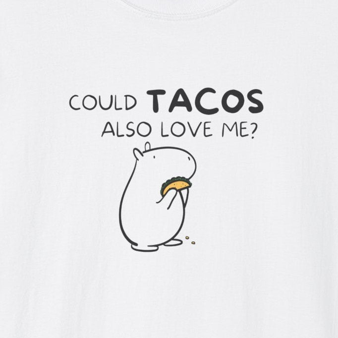 Capy Life white crewneck t-shirt featuring a minimalist black line drawing of a capybara holding a taco.