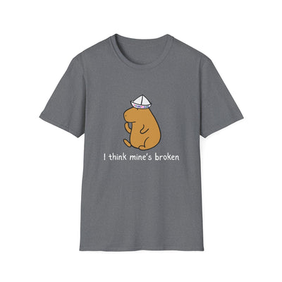 Capy Life grey softstyle adult t-shirt featuring a capybara wearing a paper thinking cap with text I think mine's broken