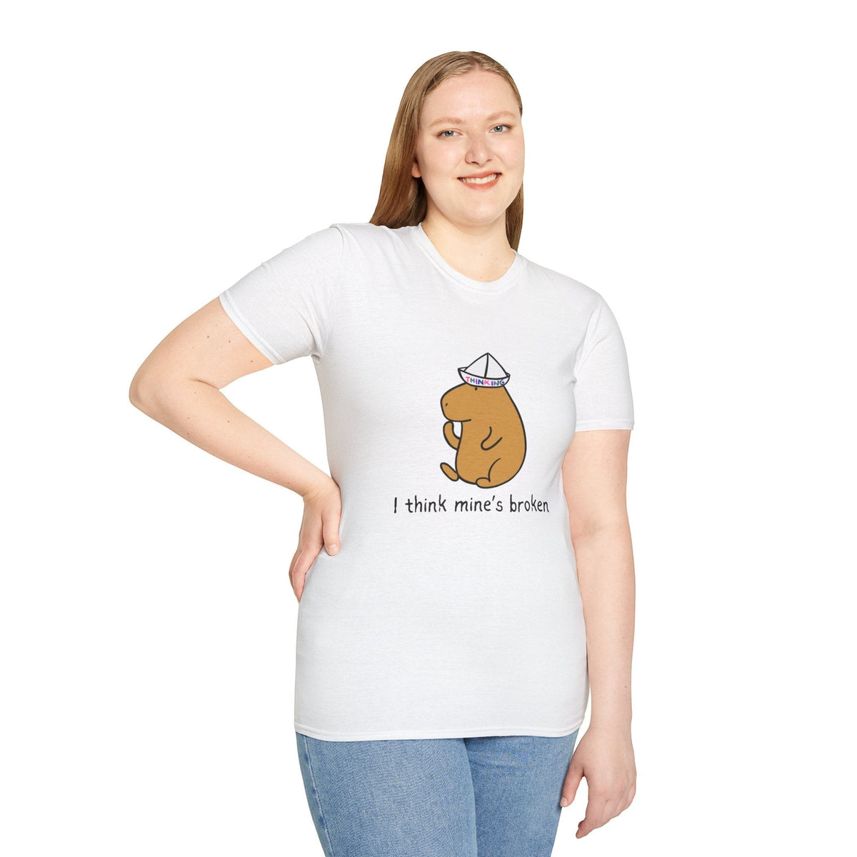 Capy Life white softstyle adult t-shirt featuring a capybara wearing a paper thinking cap and the text I think mine's broken