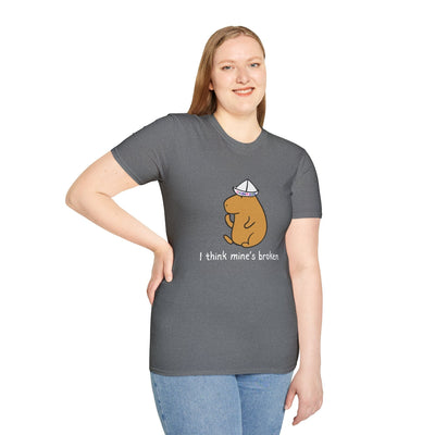 Capy Life dark grey softstyle t-shirt featuring a capybara wearing a paper thinking cap and funny text