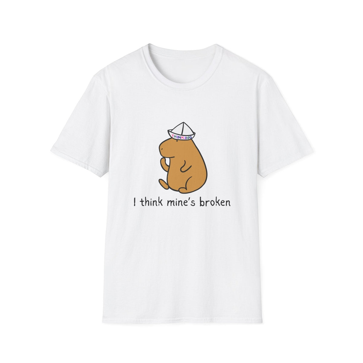 Capy Life white softstyle adult t-shirt featuring a capybara wearing a paper thinking cap and funny text graphic