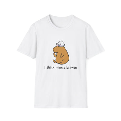 Capy Life white softstyle adult t-shirt featuring a capybara wearing a paper thinking cap and funny text graphic