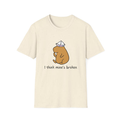 Capy Life cream softstyle t-shirt featuring a capybara wearing a paper thinking cap and the text I think mine's broken