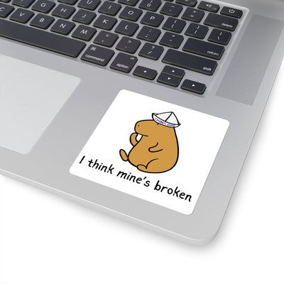 Capy Life sticker featuring a cute capybara wearing a paper thinking hat on a laptop with the text I think mine’s broken