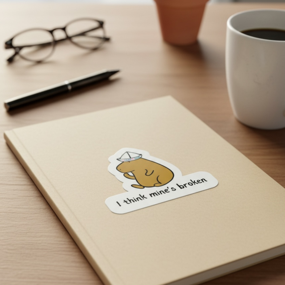Capy Life die-cut sticker of a capybara wearing a paper thinking hat on a notebook with the text I think mine is broken