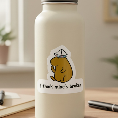 Capy Life die cut sticker of a capybara wearing a paper thinking hat on a water bottle with the text I think mine is broken