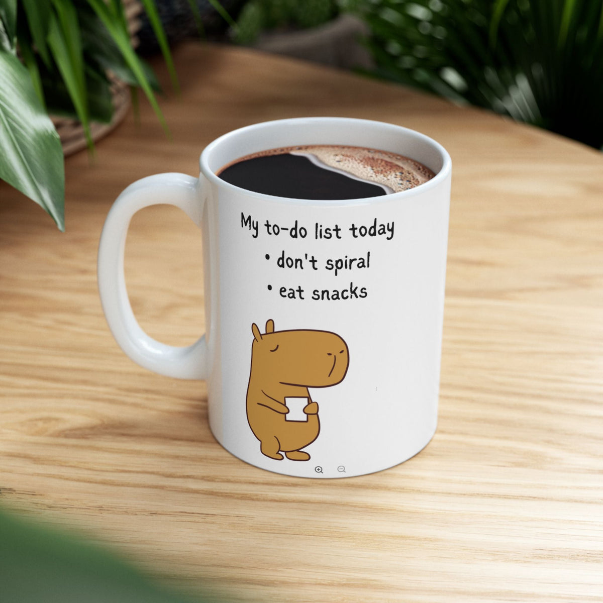 Capy Life white ceramic coffee mug featuring a cute capybara illustration with a funny to-do list checklist