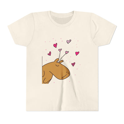 Capy Life youth tee in cream cotton featuring a cute Gene the Capybara graphic with floating pink and red hearts.