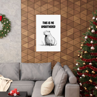 Capy Life wall art print featuring a minimalist capybara sketch and the text This Is Me Unbothered in a living room.