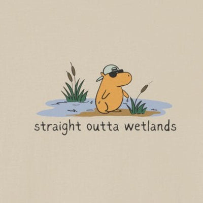 Capy Life softstyle tee featuring a hand-drawn capybara in a backwards hat and sunglasses in a wetland scene.