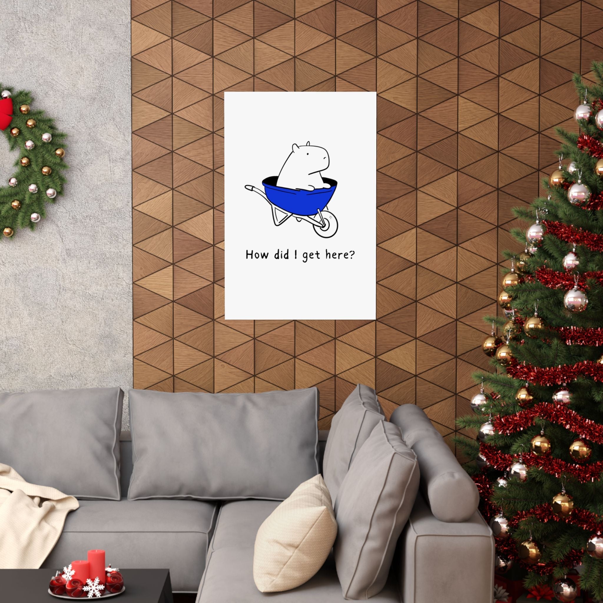 Capy Life minimalist wall art print of a capybara in a blue wheelbarrow, displayed in a festive living room.