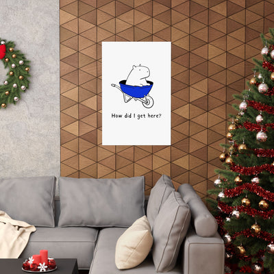 Capy Life minimalist wall art print of a capybara in a blue wheelbarrow, displayed in a festive living room.
