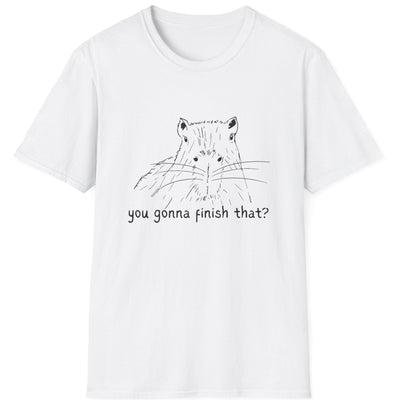 Capy Life white softstyle t-shirt featuring a hand-drawn capybara sketch and the text You gonna finish that?