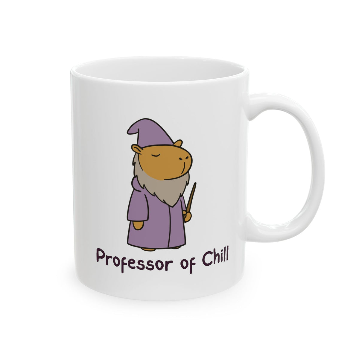 Capy Life white ceramic coffee mug featuring a cute capybara wizard in a purple robe with the text Professor of Chill