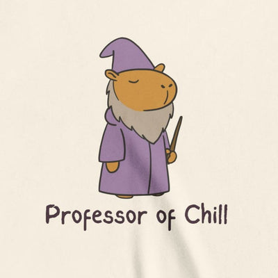 Capy Life kids t-shirt featuring a cute wizard capybara in a purple robe holding a wand with Professor of Chill text.