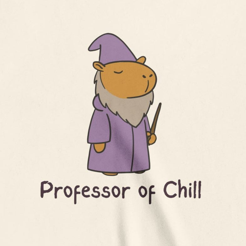 Capy Life kids t-shirt featuring a cute wizard capybara in a purple robe holding a wand with Professor of Chill text.