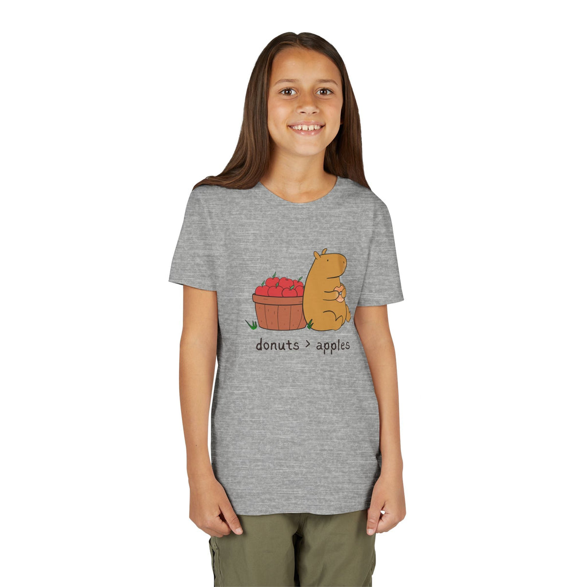 Capy Life youth t-shirt in heather grey featuring a hand-drawn capybara with a basket of apples and a cider donut.