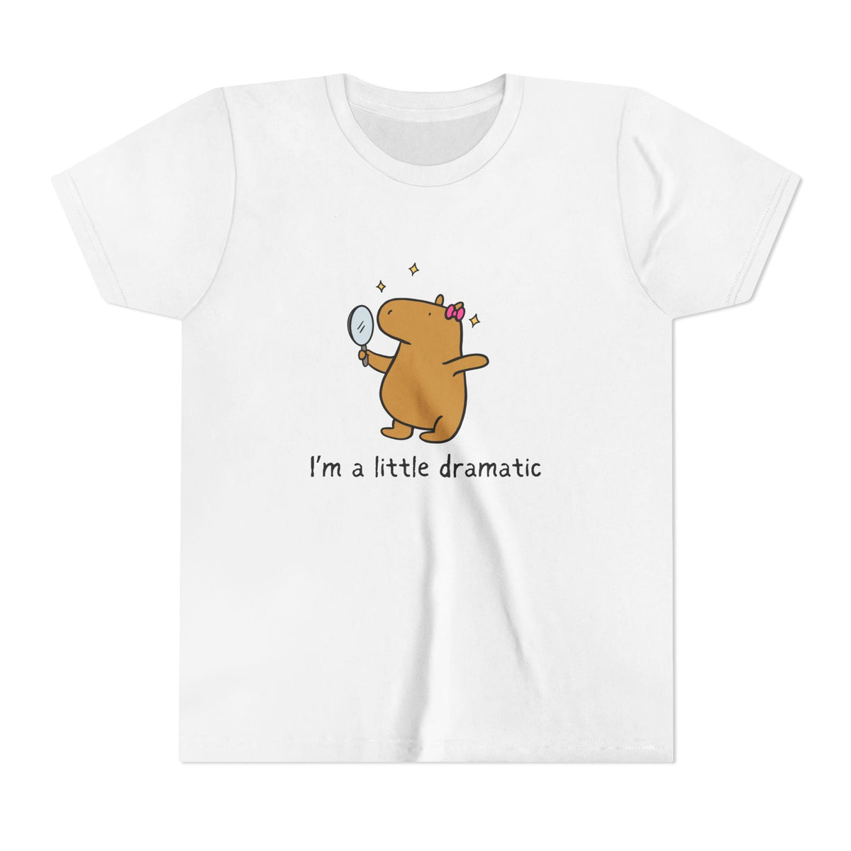 Capy Life youth white cotton t-shirt featuring a cute capybara with a bow looking in a mirror with the text I'm a little dramatic
