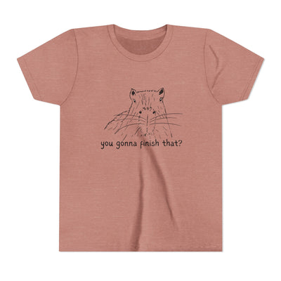 Capy Life youth t-shirt in dusty rose featuring a hand-drawn black capybara sketch and the text you gonna finish that