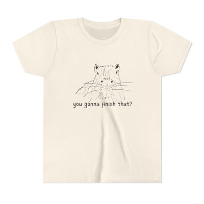 Capy Life youth t-shirt in cream featuring a hand-drawn black line art capybara and the text you gonna finish that