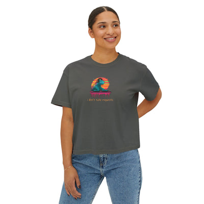 Capy Life women's charcoal boxy t-shirt featuring a retro DJ capybara graphic with the text I don't take requests.