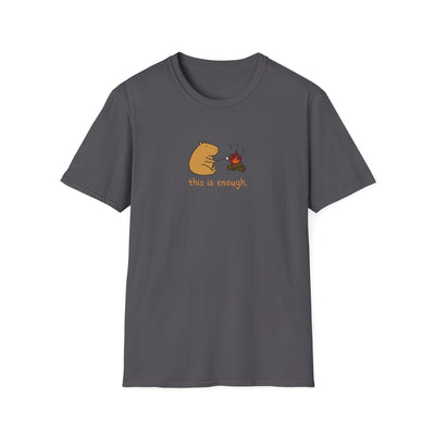 Capy Life charcoal grey softstyle t-shirt featuring a capybara roasting a marshmallow by a campfire with text.